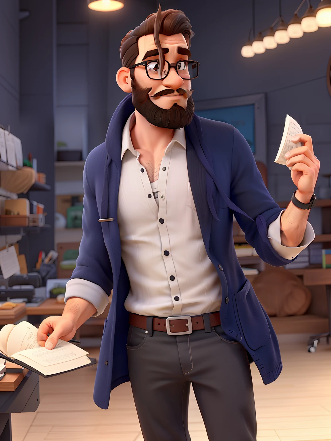The beard is good, Just take off your glasses and make him bald, sem cabelo, but with an all-black cap