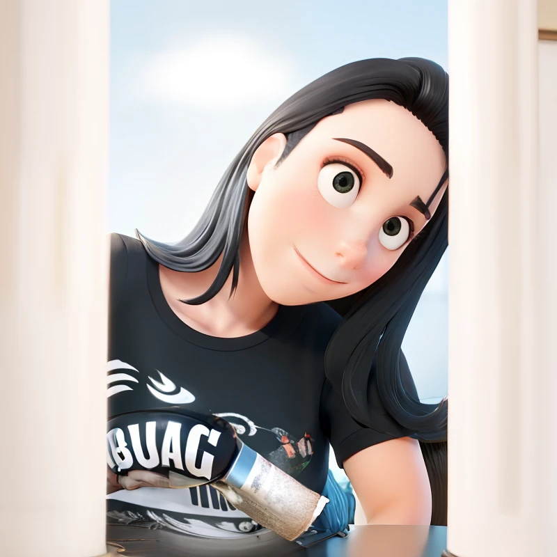 Cabelo preto, segurando uma caneca