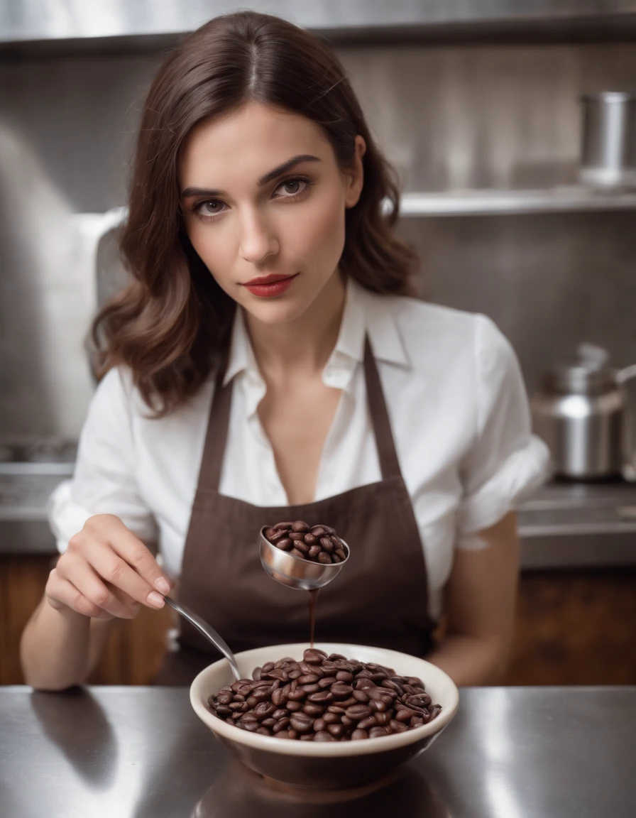 Female Greek barista, Holding coffee beans dipped in chocolate sauce, Vintage style, Realistic