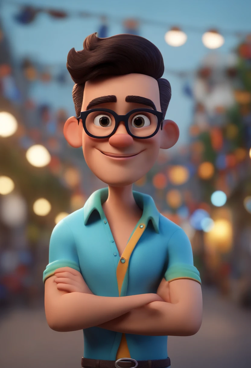 Cartoon character of a man wearing black glasses and a blue shirt, um personagem animado, Caractere estilizado, animation style rendering, 3D estilizado, Arnold Maya render, 3 d render stylized, toon render keyshot, Personagem 3D, Personagem 3D, 3d rendering stylized, 3 d character render, personagem de desenho animado, Personagem de close up, Pose de personagem, (Estilo Pixar) (master part:1.2) (Bokeh) (best quality) (pele detalhada) (textura detalhada) (8k) (argila) (Cinematic lighting) (foco nítido,Senta e vaza a parte superior do corpo