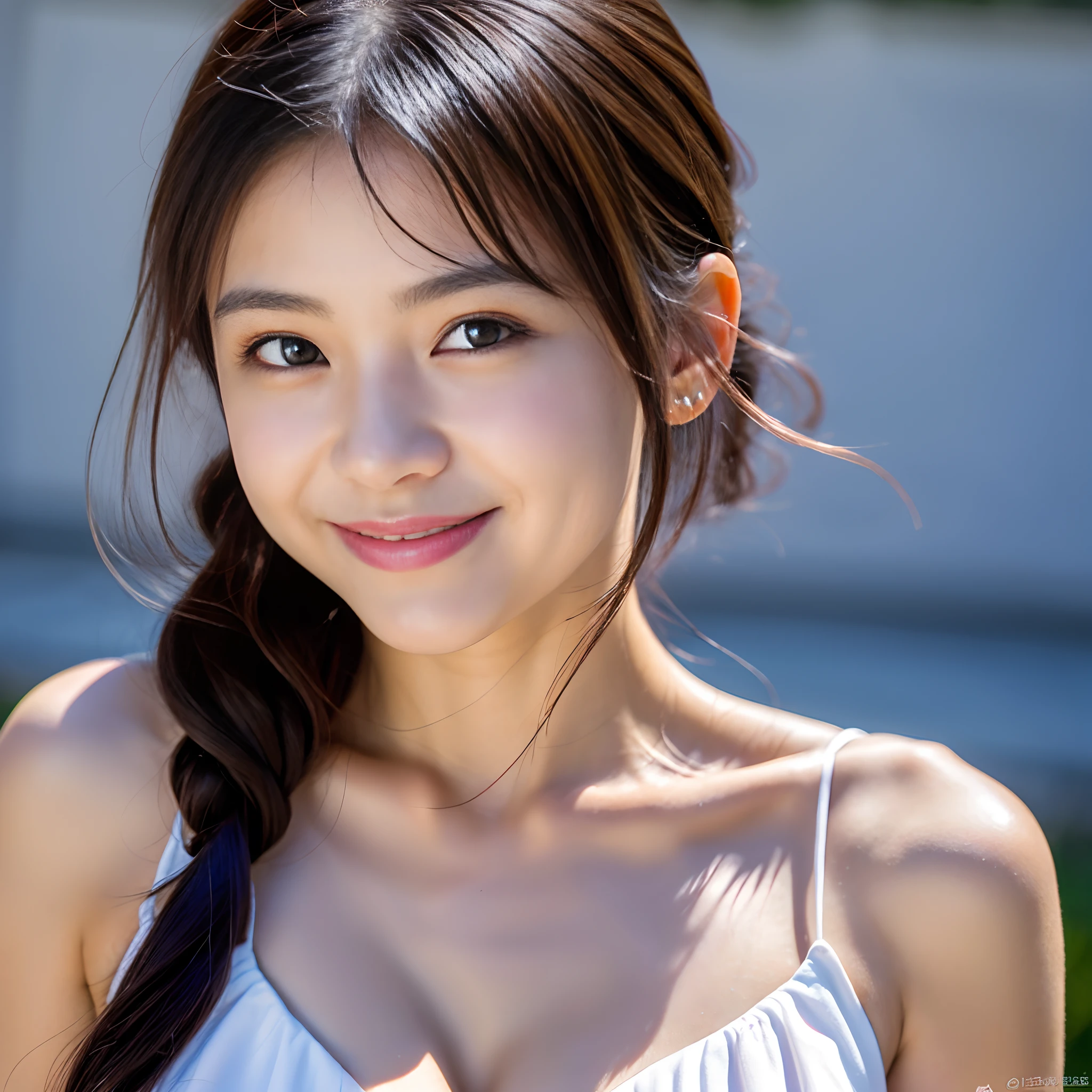 (masterpiece:1.3), (8K, Photorealistic, RAW Photos, Best image quality: 1.4), Japanese girl、(Random hairstyle:1.2,)、Super detailed face、Pay attention to the details、double eyelid、Beautiful woman:1.4、Light brown hair、Highest quality、masterpiece、(Photorealistic:1.4、Me at the coast、Japanese high school students、Very large breasts、thin色の透け透け下着姿)、Highly detailed and professionally lit smile、thin、Side Shot、