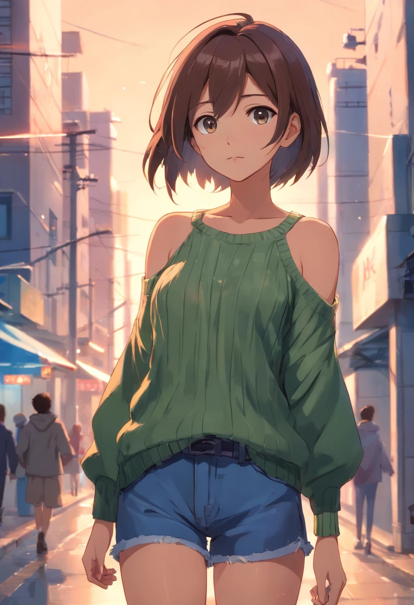 (), Enorme teto,(masutepiece), best quality, extremamente detalhado, (aquarela paiting), florescer, delicado e bonito, illustration, (de baixo),(1girl em:1.4), (sozinho:1.2), seios grandes, (ribbed sweater:1.3), off-shoulder sweater, (short shorts:1.2), bareshoulders, (Peito Inferior), ((pele escura:0.8)), Olhos bonitos, (cabelos desgrenhados ), fotografia, tiro por cima do ombro, Directed by: Alex Maleev, profissional, Canon Camera, Nikon Camera, Sharp, Bokeh, studio quality, Lente olho de peixe, Directed by: Robert Capa ,