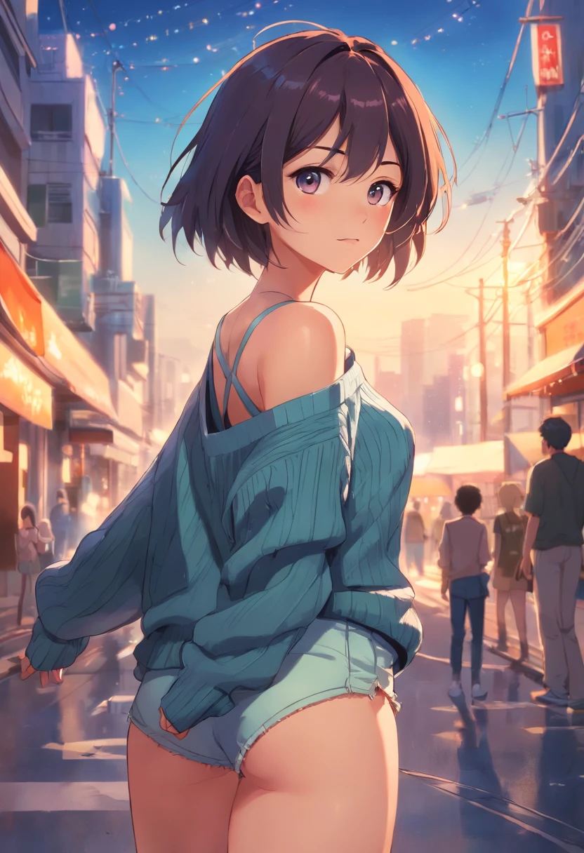 (), Enorme teto,(masutepiece), best quality, extremamente detalhado, (aquarela paiting), florescer, delicado e bonito, illustration, (de baixo),(1girl em:1.4), (sozinho:1.2), seios grandes, (ribbed sweater:1.3), off-shoulder sweater, (short shorts:1.2), bareshoulders, (Peito Inferior), ((pele escura:0.8)), Olhos bonitos, (cabelos desgrenhados ), fotografia, tiro por cima do ombro, Directed by: Alex Maleev, profissional, Canon Camera, Nikon Camera, Sharp, Bokeh, studio quality, Lente olho de peixe, Directed by: Robert Capa ,