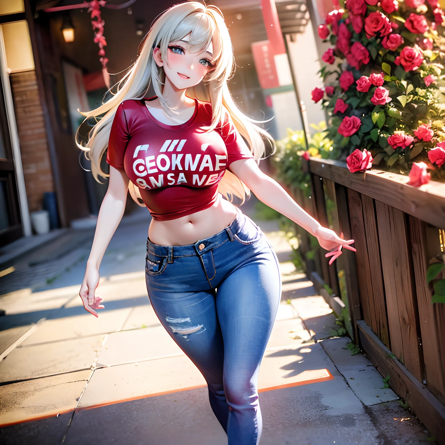 (((rose garden,Red T-shirt,Hide underwear,denim hot-pants))),((独奏,stroll)),((masutepiece,Full body,Wide background,Far angle)),Beautiful detailed skin,Perfect human anatomy,perfect hand,beautiful boob,saggy tits,portrait of a beautiful woman,Perfect face,(Cute smile,Bright smile),Cute look,Cute emotions,Think,(blush),enticing lips,Perfect eyes,Cinematic scene,Cinematic,fulcolor,4K,8K,Raw photo,Studio portrait,professionally color graded,Professional Photography,(an extremely delicate and beautiful art)1.3,Elegant,Active Angle,Soft light,Lens Glow,soft clean focus,Realistic lighting and shading,Best Quality,top-quality,hight resolution,(1girl in:1.3)