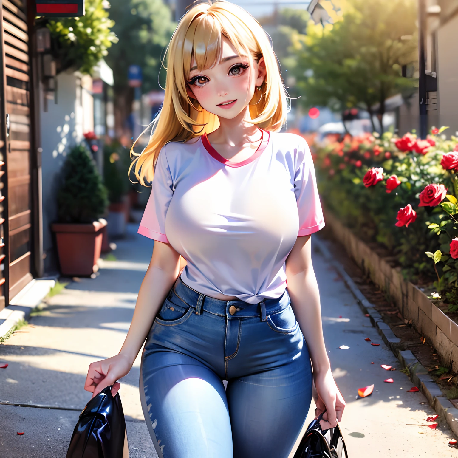 (((rose garden,Red T-shirt,Hide underwear,denim hot-pants))),((独奏,stroll)),((masutepiece,Full body,Wide background,Far angle)),Beautiful detailed skin,Perfect human anatomy,perfect hand,beautiful boob,saggy tits,portrait of a beautiful woman,Perfect face,(Cute smile,Bright smile),Cute look,Cute emotions,Think,(blush),enticing lips,Perfect eyes,Cinematic scene,Cinematic,fulcolor,4K,8K,Raw photo,Studio portrait,professionally color graded,Professional Photography,(an extremely delicate and beautiful art)1.3,Elegant,Active Angle,Soft light,Lens Glow,soft clean focus,Realistic lighting and shading,Best Quality,top-quality,hight resolution,(1girl in:1.3)