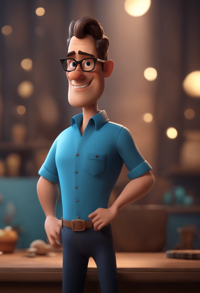 Cartoon character of a man with black glasses and a blue shirt, animation character, Caractere estilizado, animation style rendering, 3D estilizado, Arnold Maya render, 3 d render stylized, toon render keyshot, Personagem 3D, Personagem 3D, 3d rendering stylized, 3 d character render, personagem de desenho animado, Personagem de close up, Pose de personagem,  (Estilo Pixar) (master part:1.2) (Bokeh) (best quality) (pele detalhada) (textura detalhada) (8k) (argila) (Cinematic lighting) (foco nítido