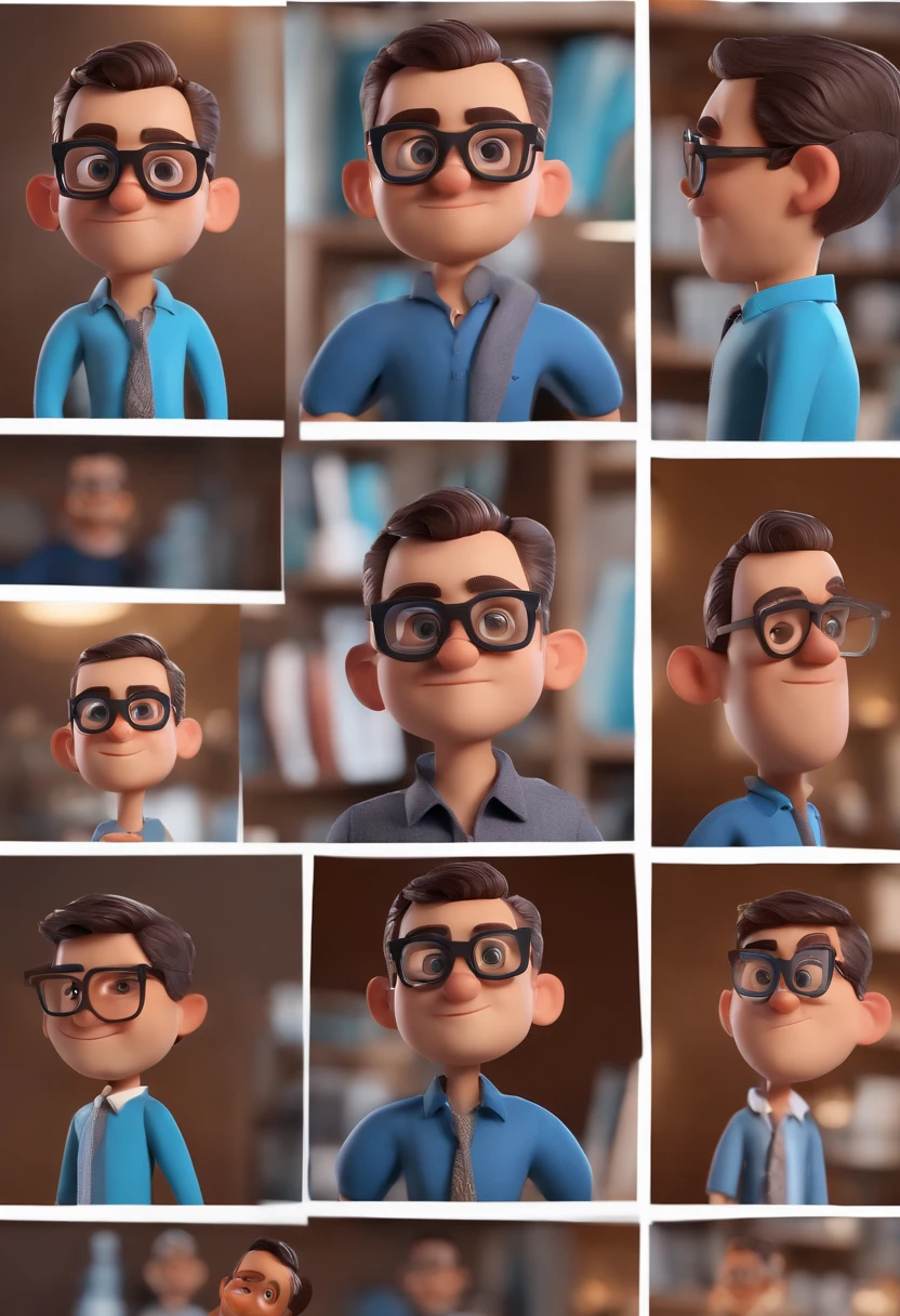 Cartoon character of a man with black glasses and a blue shirt, animation character, Caractere estilizado, animation style rendering, 3D estilizado, Arnold Maya render, 3 d render stylized, toon render keyshot, Personagem 3D, Personagem 3D, 3d rendering stylized, 3 d character render, personagem de desenho animado, Personagem de close up, Pose de personagem, (Estilo Pixar) (master part:1.2) (Bokeh) (best quality) (pele detalhada) (textura detalhada) (8k) (argila) (Cinematic lighting) (foco nítido