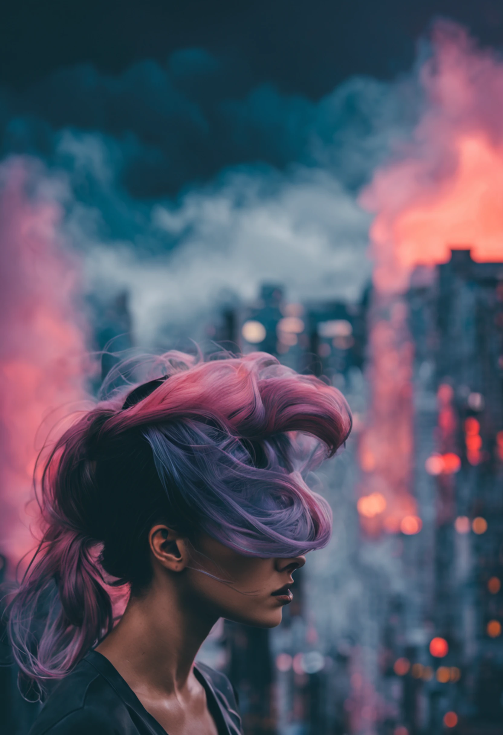 cyberpunk [foggy cityscape in the distance : very pretty girl, city:0.33] immersed in a giant flow of wind, living in a thunder cloud, behind the cloud, (double exposure:1.3), photo by Brandon Woelfelmist, surreal dream, gray atmosphere, rainy day, dynamic, lut, hdr