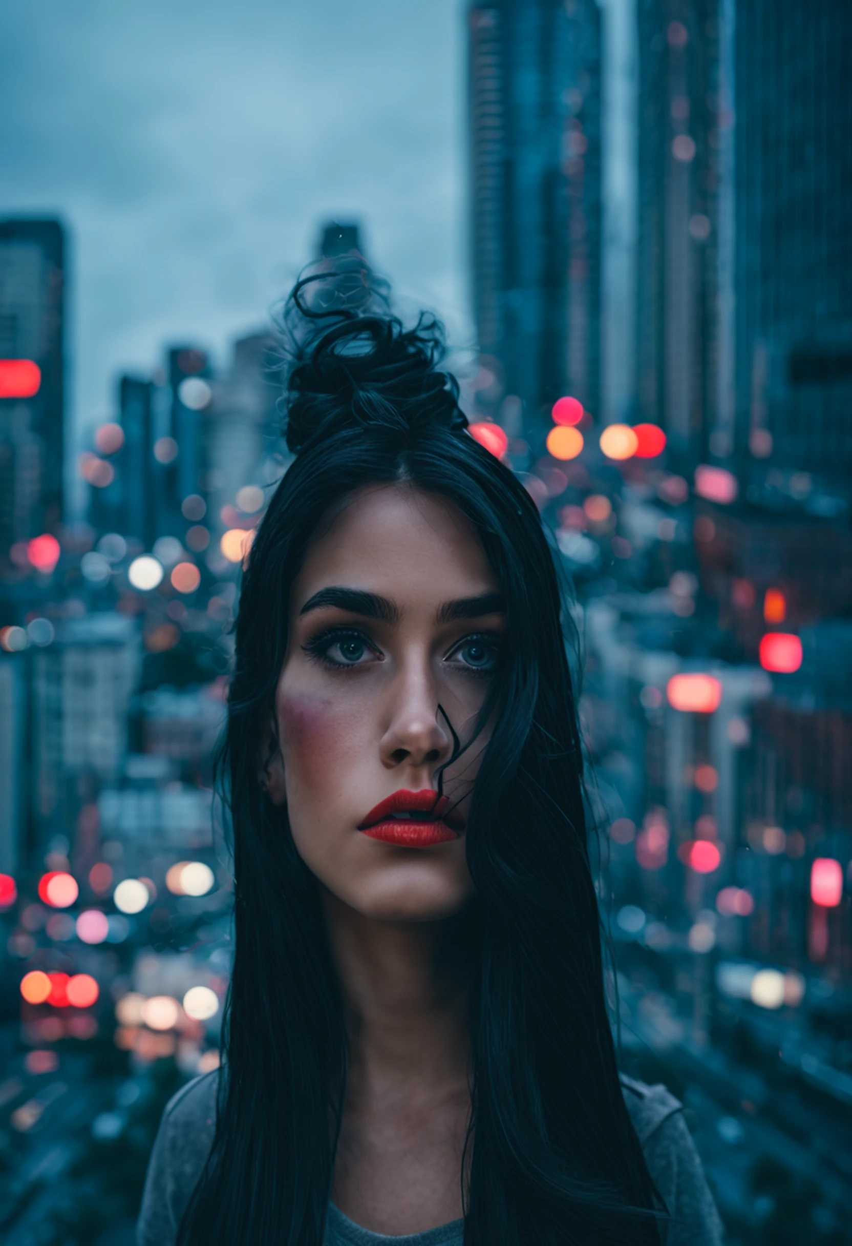 cyberpunk [foggy cityscape in the distance : very pretty girl, city:0.33] immersed in a giant flow of wind, living in a thunder cloud, behind the cloud, (double exposure:1.3), photo by Brandon Woelfelmist, surreal dream, gray atmosphere, rainy day, dynamic, lut, hdr