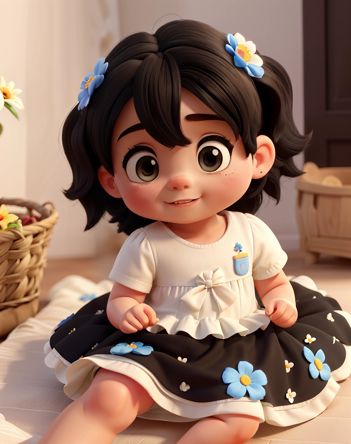 Make a baby at 5 months old, with a black hair, a white skin, with a dress with flowers, brown eyes