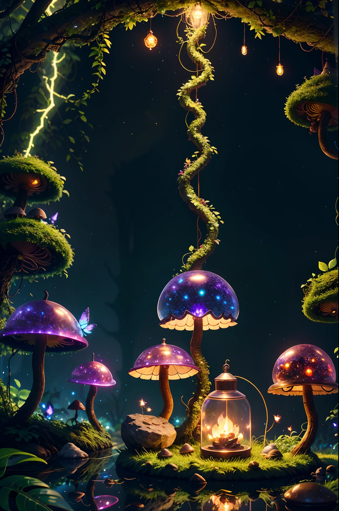 Fantasy in a lot of glass, Illuminate the night,"ethereal roses, Cute slime,Tiere, glowing little mushrooms surrounded by delicate leaves and branches, and fireflies and glowing particle effects, girl", (Natural elements), (Jungle theme), (Leaves), (Branches), (fireflys), butterflys, (delicate leaves), (Glow), (particles effect), Super realistic, super detailed, Dramatic Lightning, 4K, masutepiece,