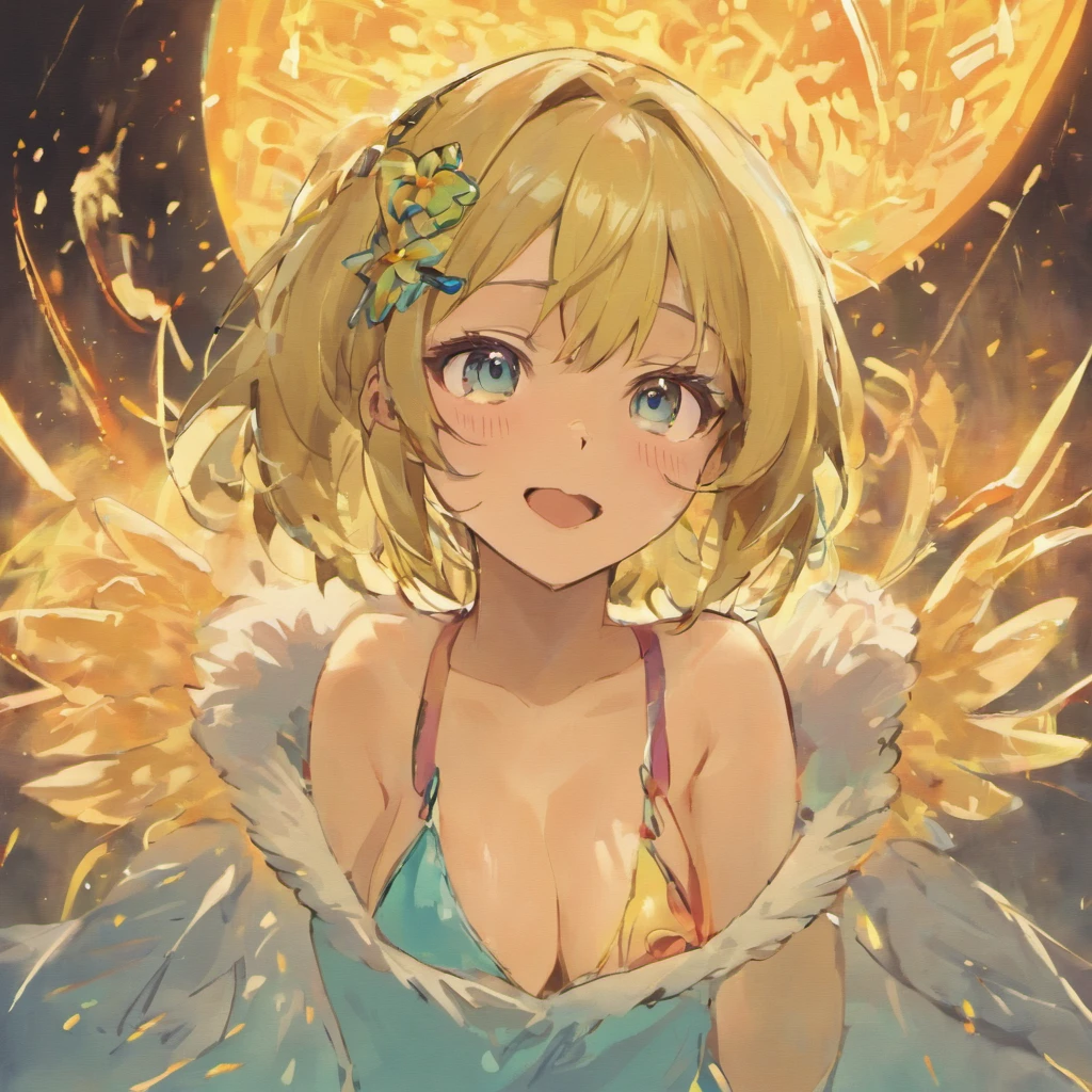 Chica anime, Beautiful, sonrisa provocativa, mirada seductora, pechos grandes, semidesnudo, rubio, pelo corto, ojos azules, morena, Anime style, acostada boca abajo, Obra maestra