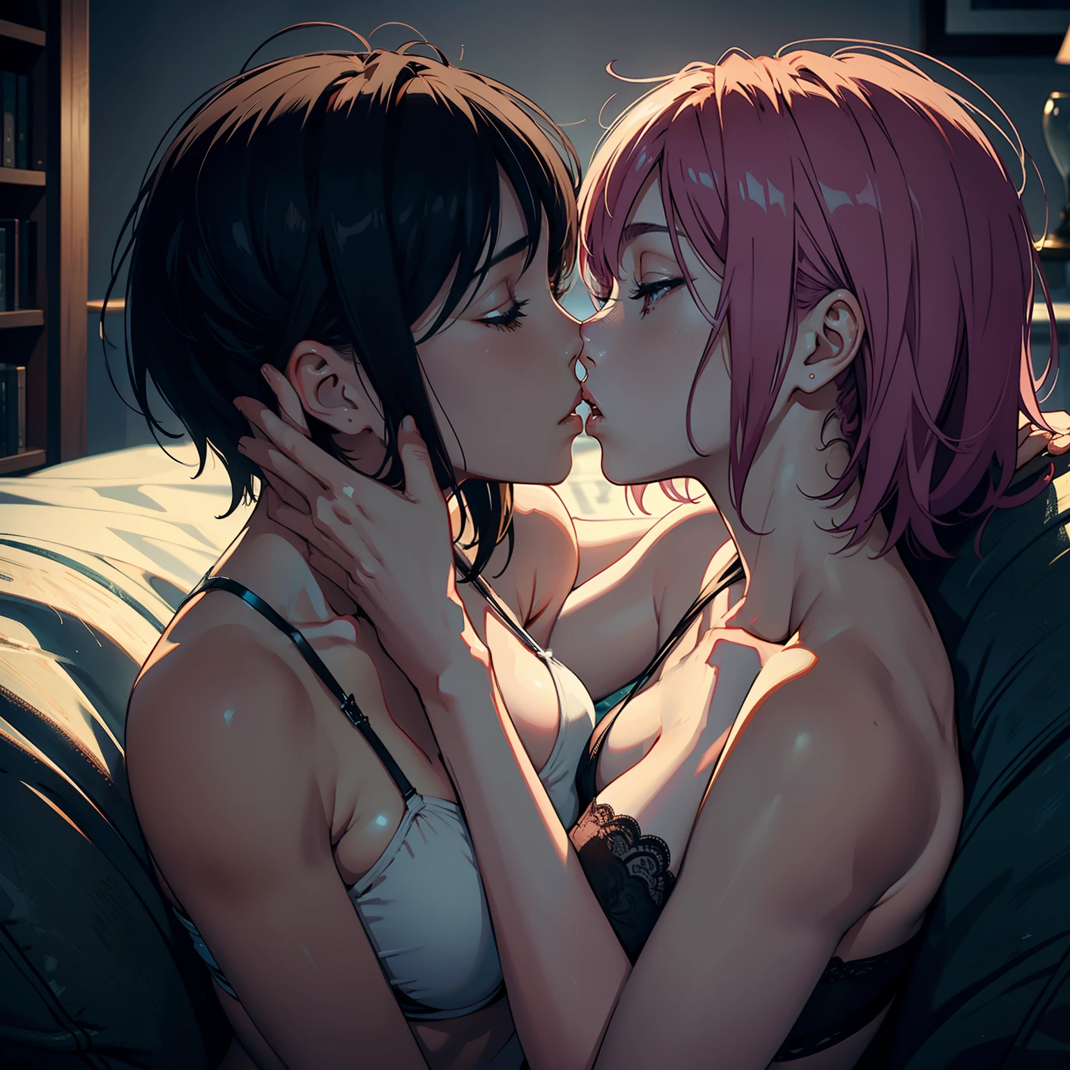 Passionate lesbian couple, intense love, deep kiss, entwined lips, tight embrace, perfect fingers,