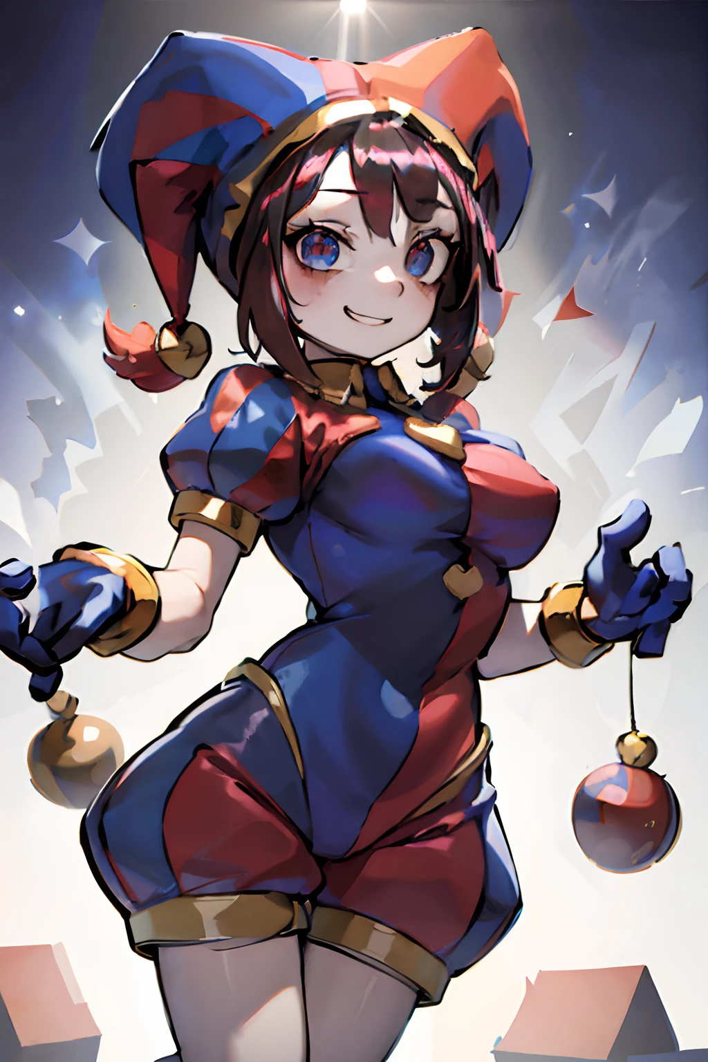 Illustration, UHD, retina, masterpiece, accurate, anatomically correct, super detail, high details, high quality, award winning, best quality, highres, good , 1080P, HD, 4K, 8k, 16k, 1girl, dynamic pose, androgynous, detailed eyes, detailed clothes, detailed hair, rendering, strands of hair, cute waifu, pomni, jester hat, gloves, puffy short sleeves, red eyes and blue eyes, striped, looking at viewer, smiling, cinematic lighting, rainbow background