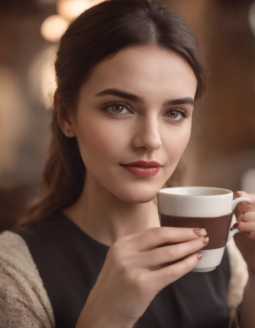 Female Greek barista, Holding coffee beans, a warm coffee is next to her, Vintage style, Realistic