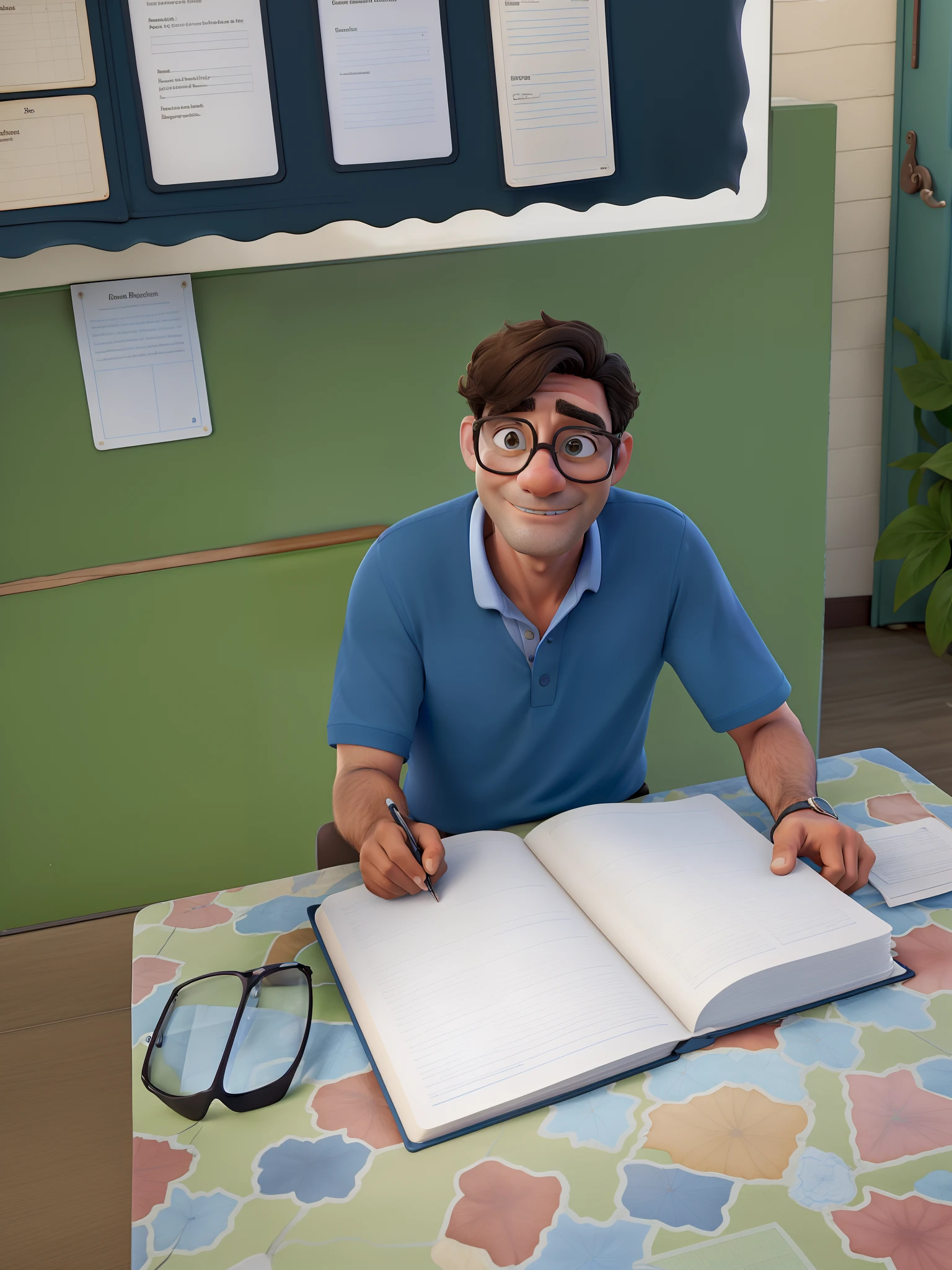 A brunette man of approximately 54 years old reading a notebook in blue polo shirt and transparent glasses, cabelo grisalho.