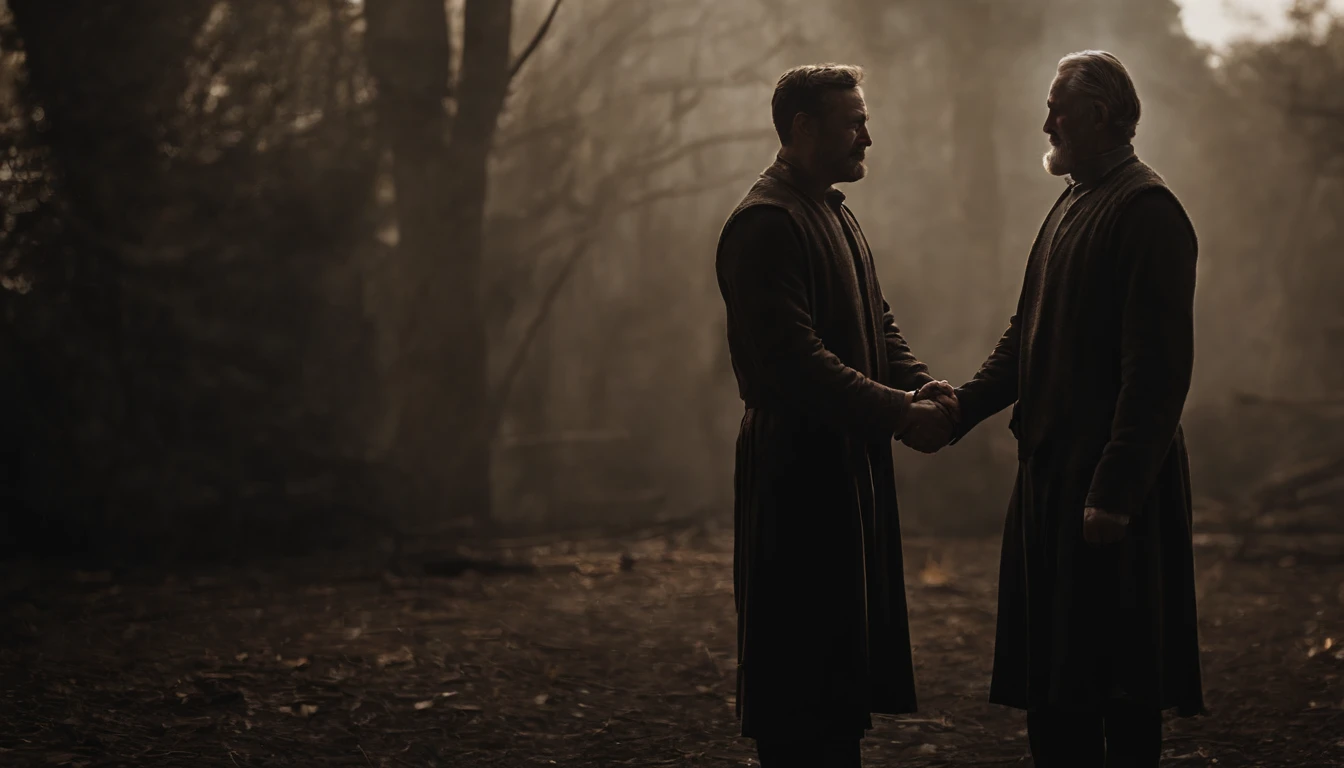 Two stoics shaking hands, muscles, full body, 8K cinematic dark background, ultra realistic.