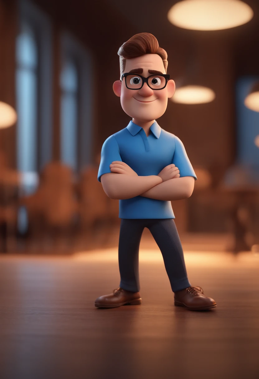 Cartoon character of a man with black glasses and a blue shirt, animation character, Caractere estilizado, animation style rendering, 3D estilizado, Arnold Maya render, 3 d render stylized, toon render keyshot, Personagem 3D, Personagem 3D, 3d rendering stylized, 3 d character render, personagem de desenho animado, Personagem de close up, Pose de personagem,  (Estilo Pixar) (master part:1.2) (Bokeh) (best quality) (pele detalhada) (textura detalhada) (8k) (argila) (Cinematic lighting) (foco nítido