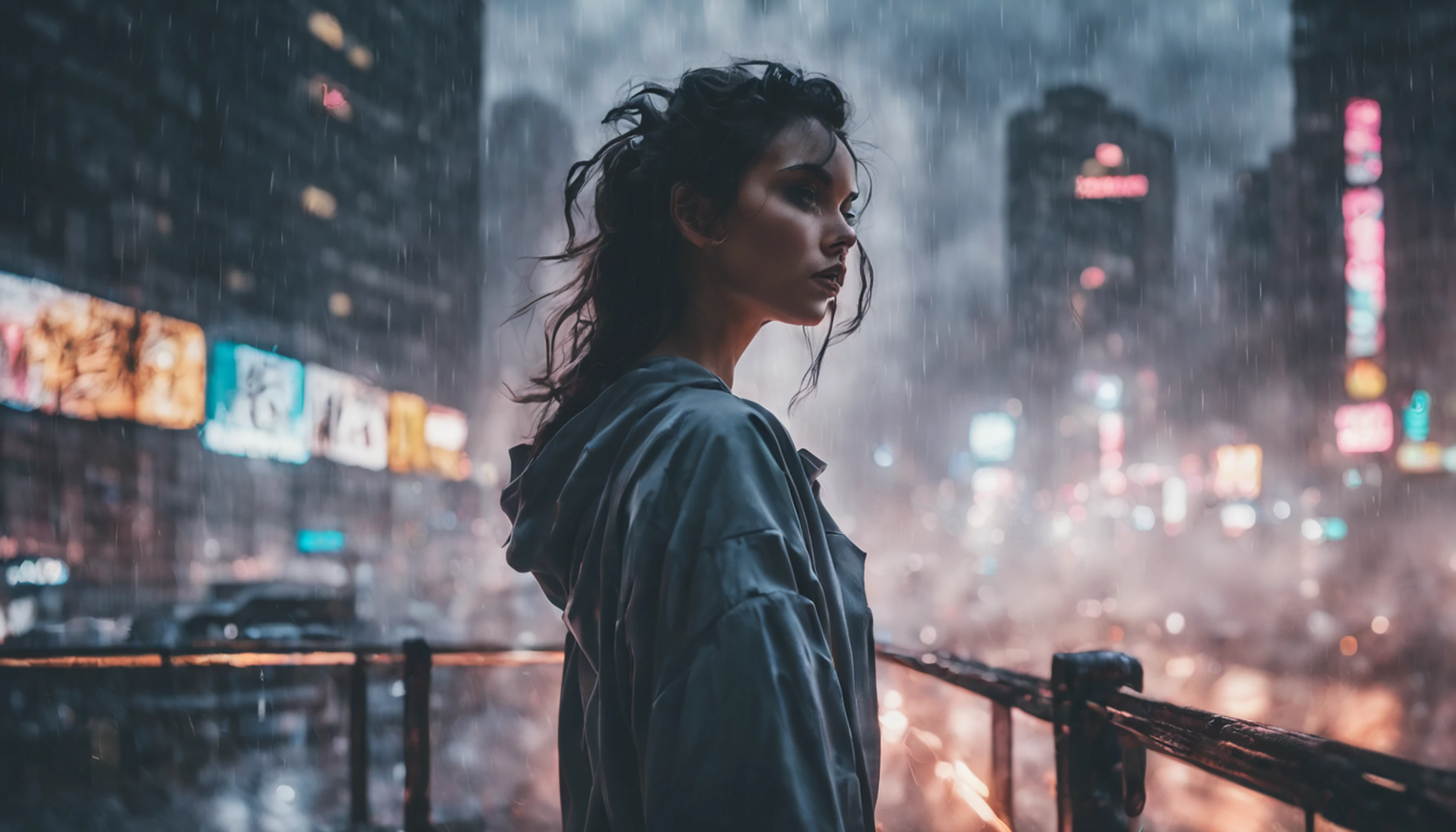 cyberpunk [foggy cityscape in the distance : very pretty girl, city:0.33] immersed in a giant flow of wind, living in a thunder cloud, behind the cloud, (double exposure:1.3), photo by Brandon Woelfelmist, surreal dream, gray atmosphere, rainy day, dynamic, lut, hdr