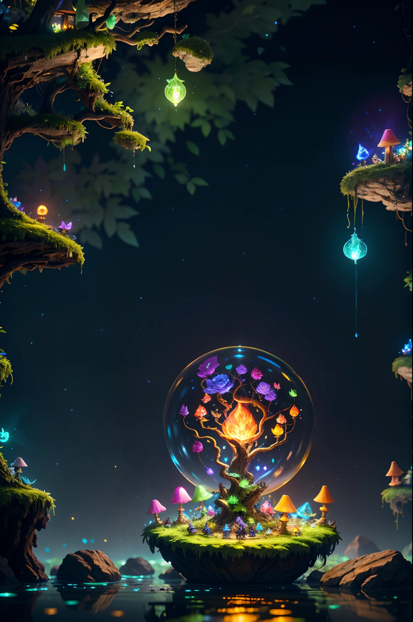 Fantasy in a lot of glass, Illuminate the night,"ethereal roses, Cute slime, Tiere, glowing little mushrooms surrounded by delicate leaves and branches, and fireflies and glowing particle effects", (Natural elements), (Jungle theme), (Leaves), (Branches), (fireflys), butterflys, (delicate leaves), (Glow), (particles effect), Super realistic, super detailed, Dramatic Lightning, 4K, masutepiece,