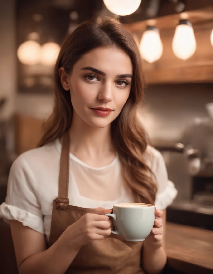 Female Greek barista, Holding a warm coffee, Vintage style, Realistic