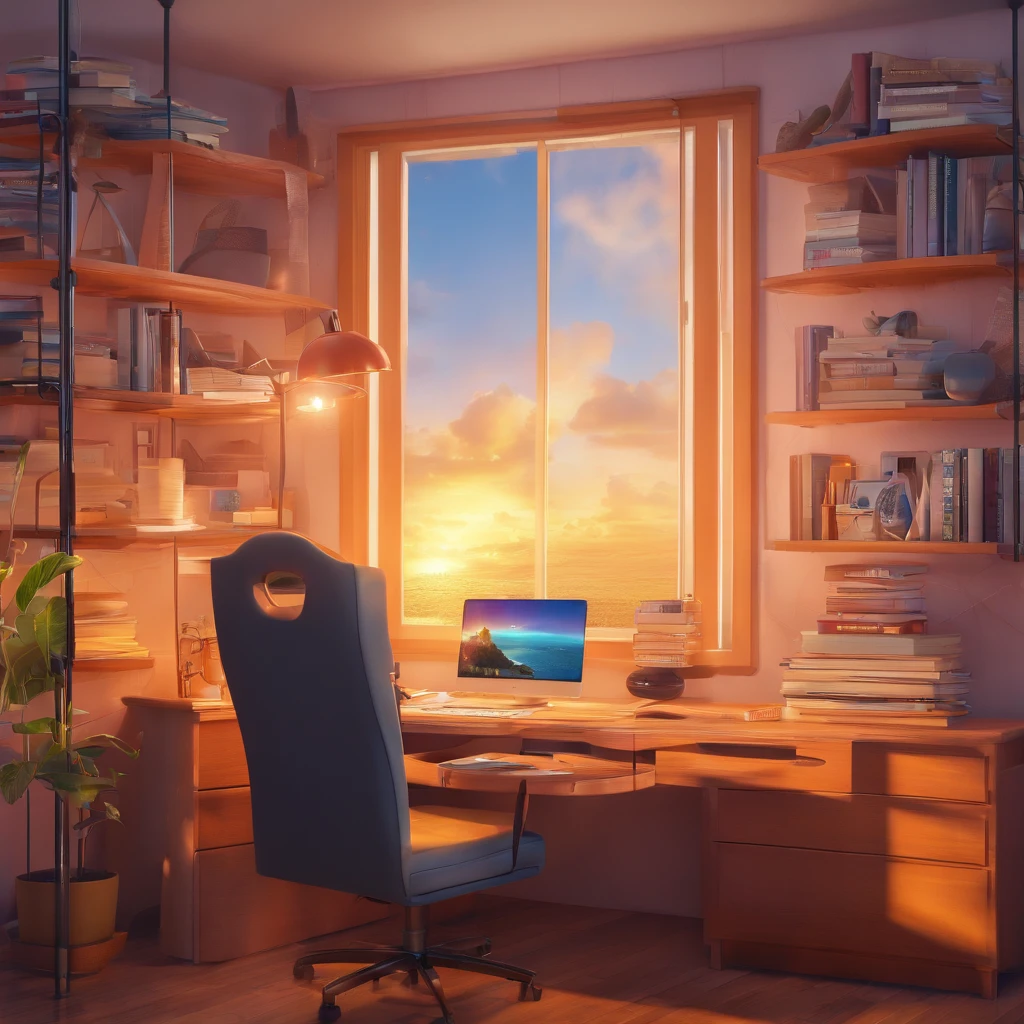 Create a Disney Pixar-inspired poster featuring the character as a 35-year-old man, cabelo preto curto, sorrindo, In an office with laptop on top of desk, em cima da mesa um cacto, estante estilo moderno, cheio de livros, Office window with background of various buildings, with sunset view