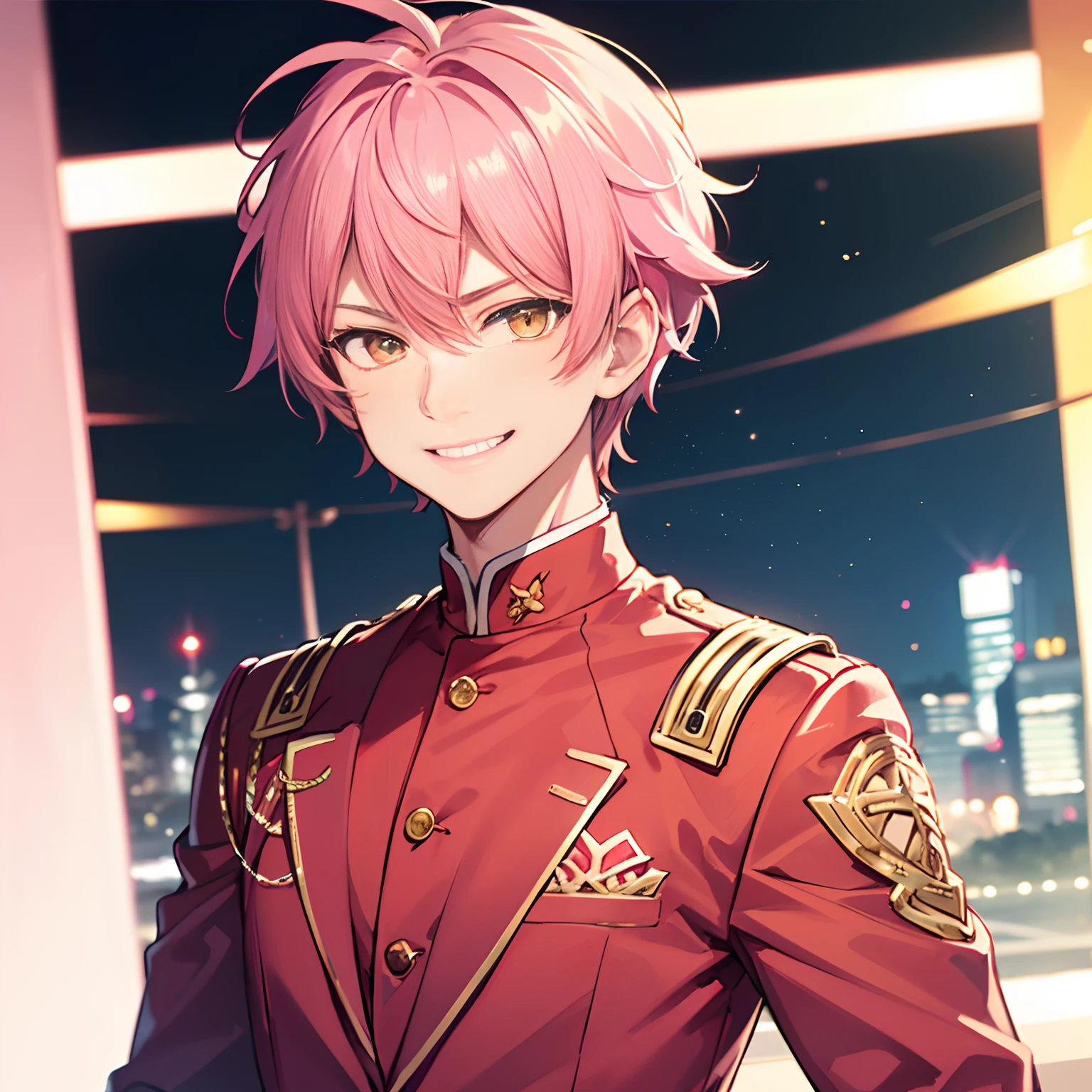 Character, male, pink and well-groomed hair, short hair, elegant and pink clothes, smug look, bold smile, yellow eyes, light skin, 1boy, teen, cute