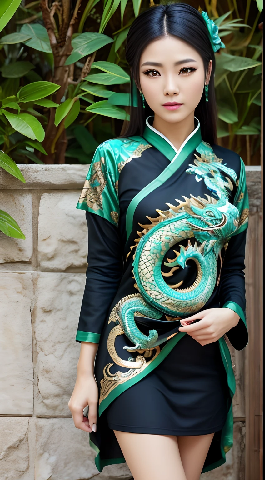 Uma mulher oriental, com olhos verdes cor de jade estilo steampunk, Wearing black tunic with blue chinese dragon print