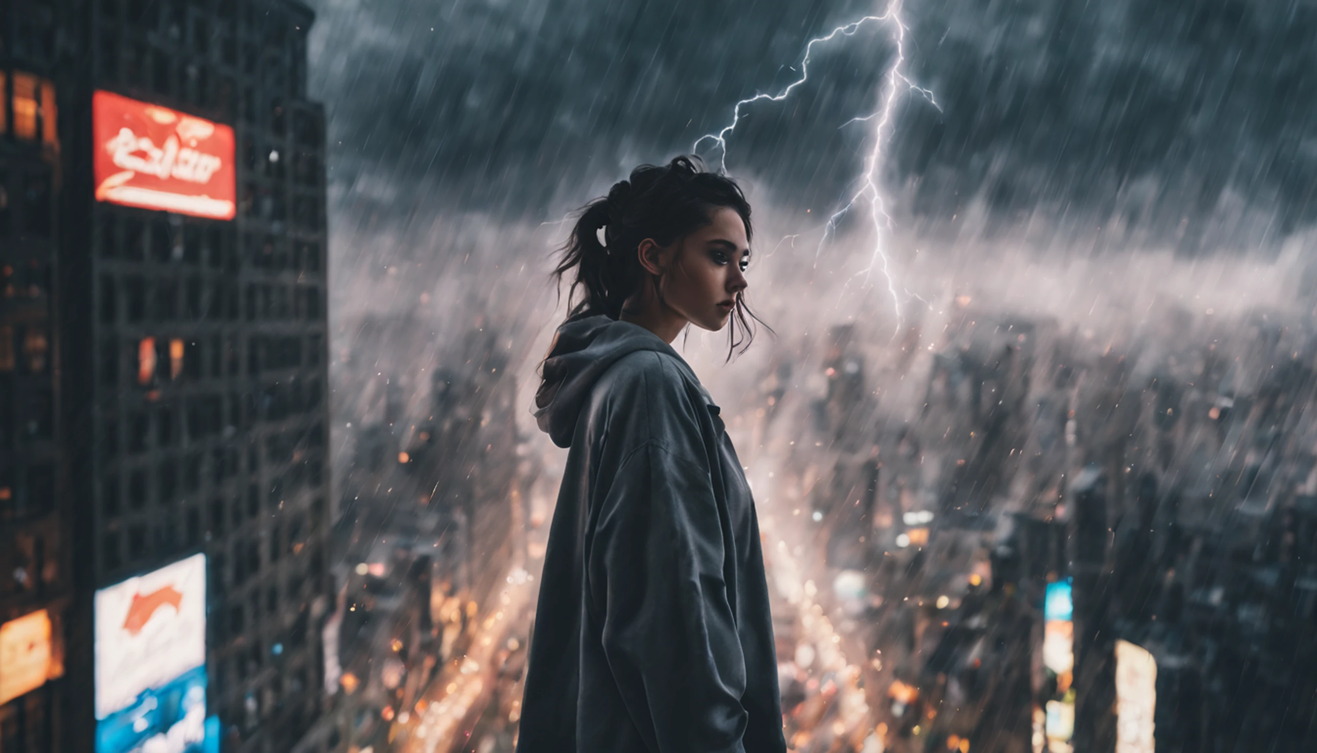 cyberpunk [foggy cityscape in the distance : very pretty girl, city:0.33] immersed in a giant flow of wind, living in a thunder cloud, behind the cloud, (double exposure:1.3), photo by Brandon Woelfelmist, surreal dream, gray atmosphere, rainy day, dynamic, lut, hdr
