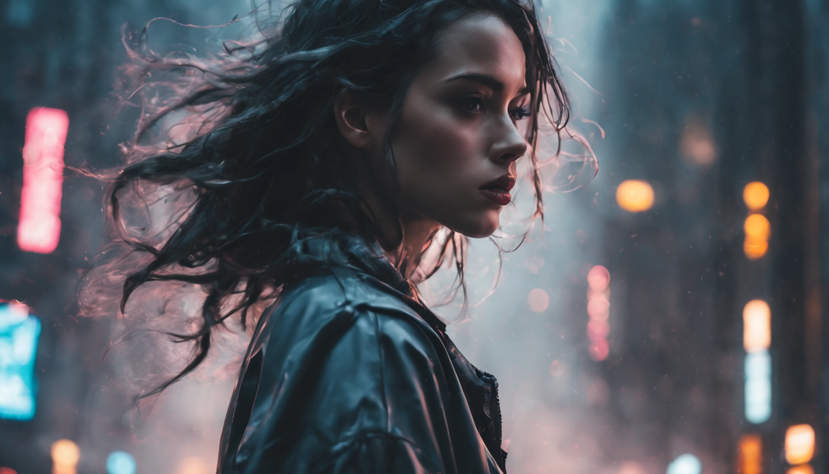cyberpunk [foggy cityscape in the distance : very pretty girl, city:0.33] immersed in a giant flow of wind, living in a thunder cloud, behind the cloud, (double exposure:1.3), photo by Brandon Woelfelmist, surreal dream, gray atmosphere, rainy day, dynamic, lut, hdr