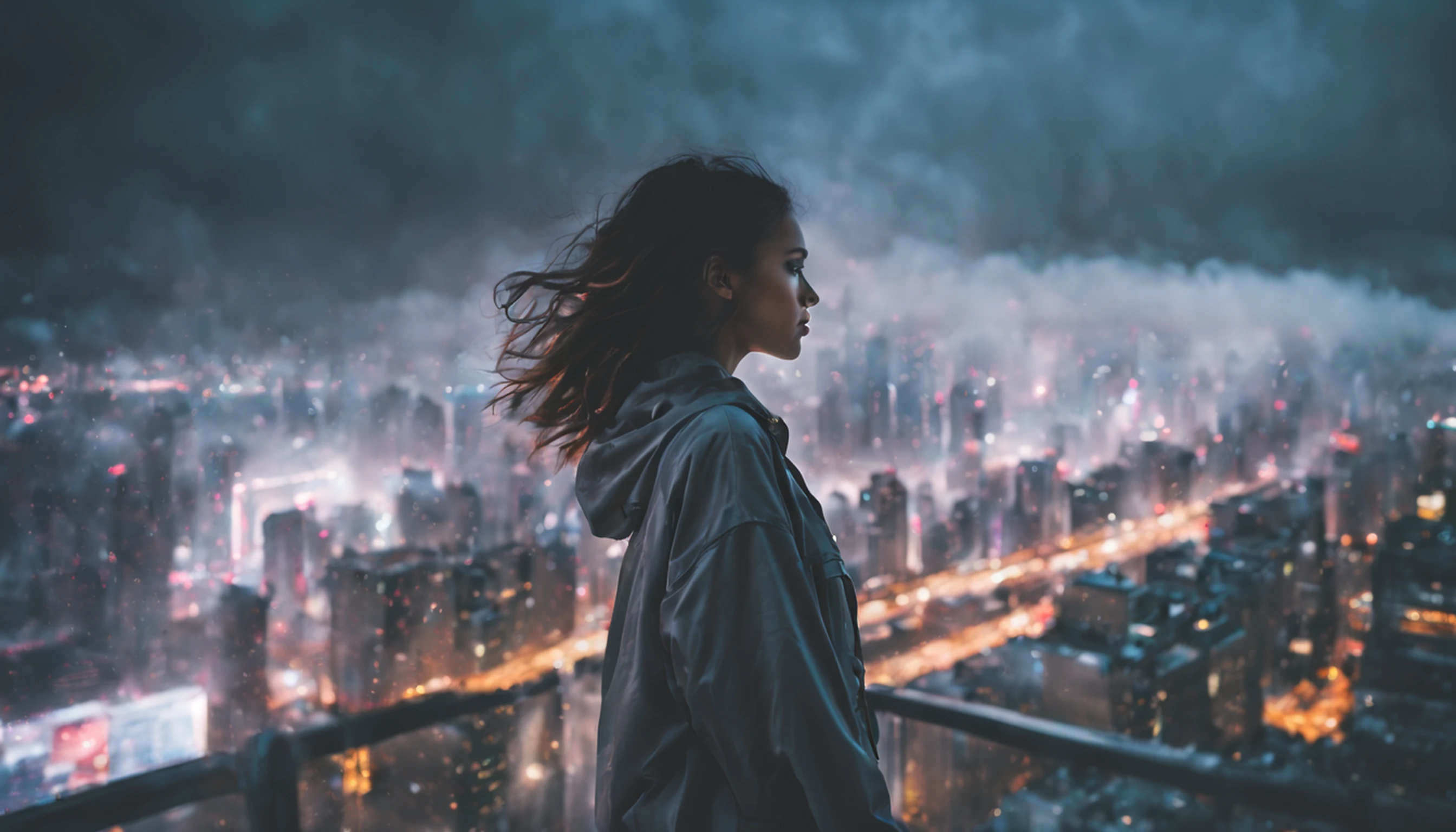 cyberpunk [foggy cityscape in the distance : very pretty girl, city:0.33] immersed in a giant flow of wind, living in a thunder cloud, behind the cloud, (double exposure:1.3), photo by Brandon Woelfelmist, surreal dream, gray atmosphere, rainy day, dynamic, lut, hdr