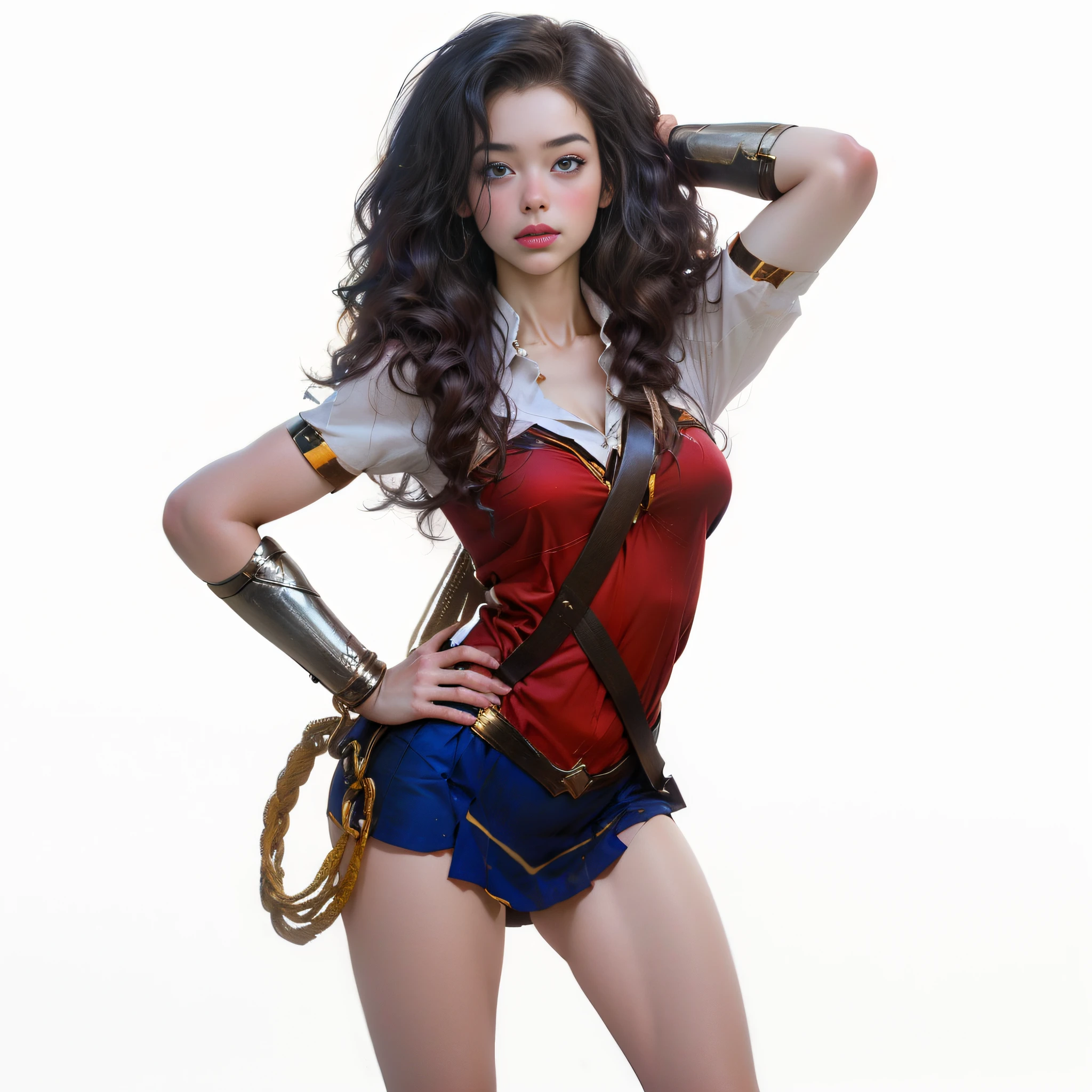 ((La mejor calidad, better resolution, absurdo, 8k, Obra maestra)), 1girl, Mujer, Helen Slater (Superactriz), mujer joven, 19 years old, cabello largo y rubio, expresivos ojos azules, School uniform for Korean girls (Camisa blanca y minifalda plisada), Cosplay of Supergirl in Korean Girls' School Uniform, Busto mediano y grande, NSFW, postura (rodillas dobladas y piernas abiertas), pies
