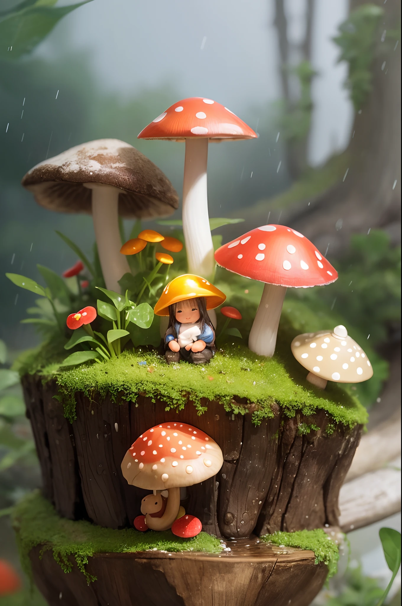 A tiny dwarf under an mushroom, protecting himself from the heavy rsin on a magical forest, wet plants, flowers, visible rain, water reflections, dreammy, whimsical, colourful, highly detailed.