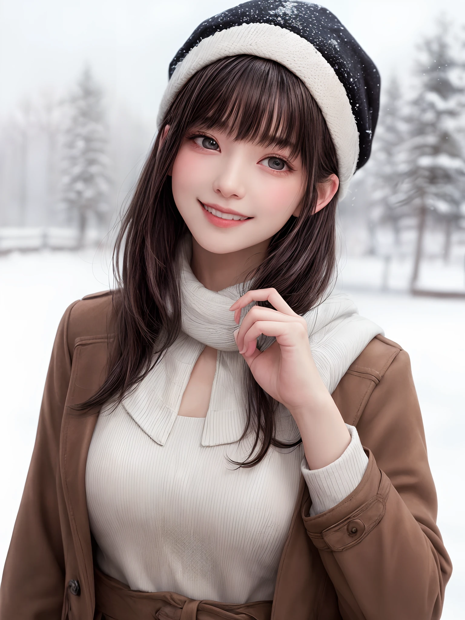 (masterpiece, top-quality),1girl in, 独奏, A dark-haired, scarf, Hats, realisitic, realisitic, looking at the viewers, black eyes of light color, shorth hair, Brown coat, Winter clothes, White headscarf, s lips, bangss, plein air, a closed mouth, The upper part of the body、big eye、Lashes、((Beautiful landscape of sparkling snow))、(((Shorthair with bangs、big eye、large full breasts、gazing at viewer、Beautiful beauty、Put your ears out、long neck、little smiling、Close your mouth and smile)))、