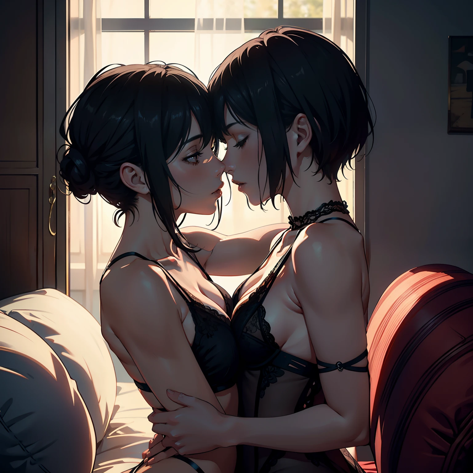 Passionate lesbian couple, intense love, deep kiss, entwined lips, tight embrace, perfect fingers,