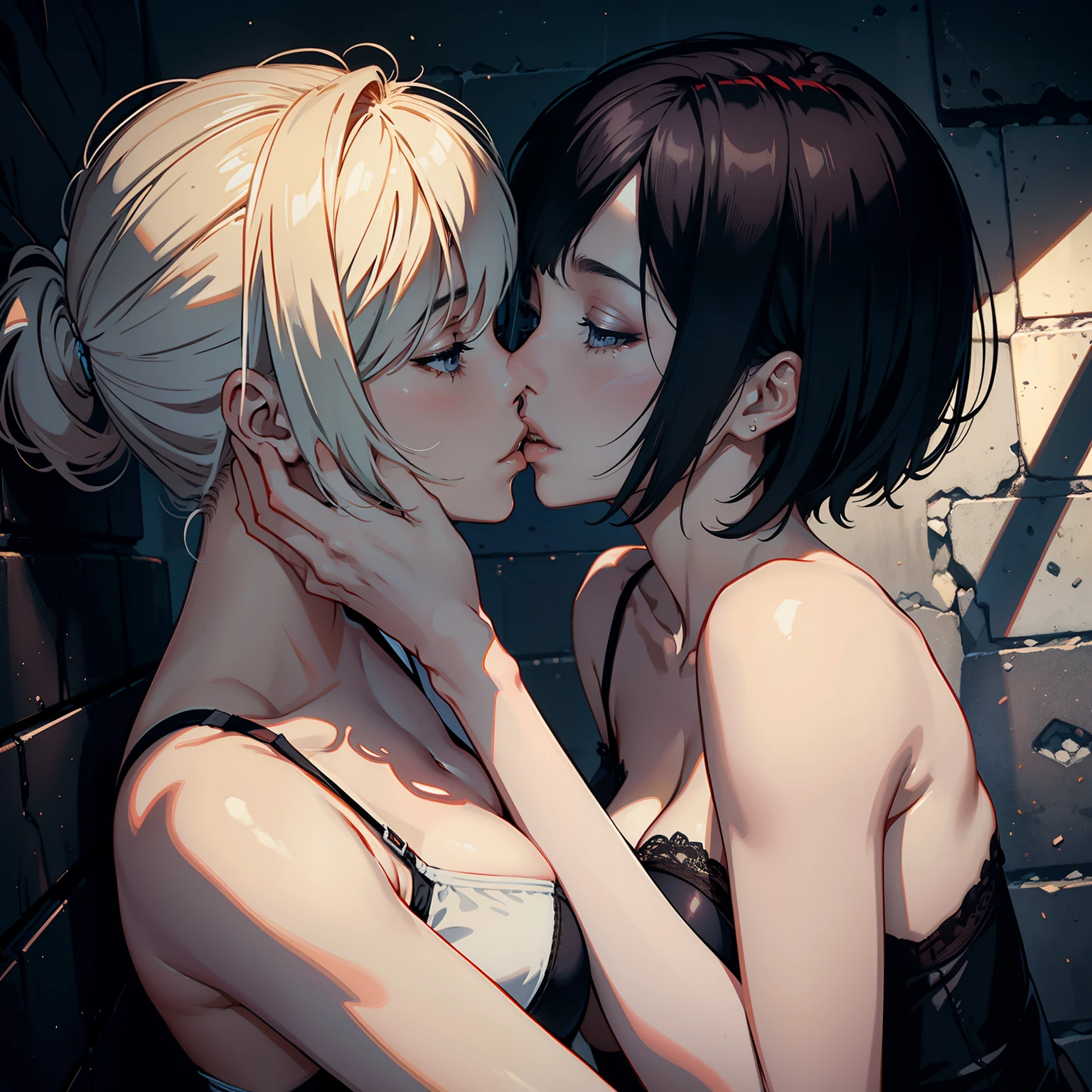 Passionate lesbian couple, intense love, deep kiss, entwined lips, tight embrace, perfect fingers,