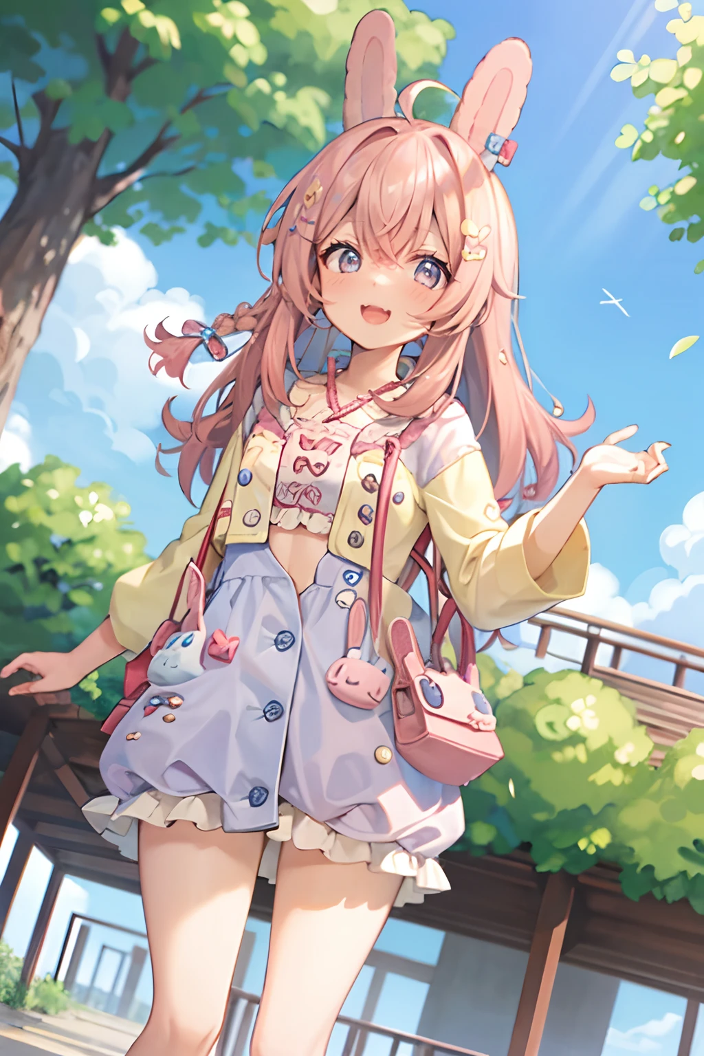Pipkin Pippa standing, (8k), (high resolution), tall pink rabbit ears, mouth open, happy