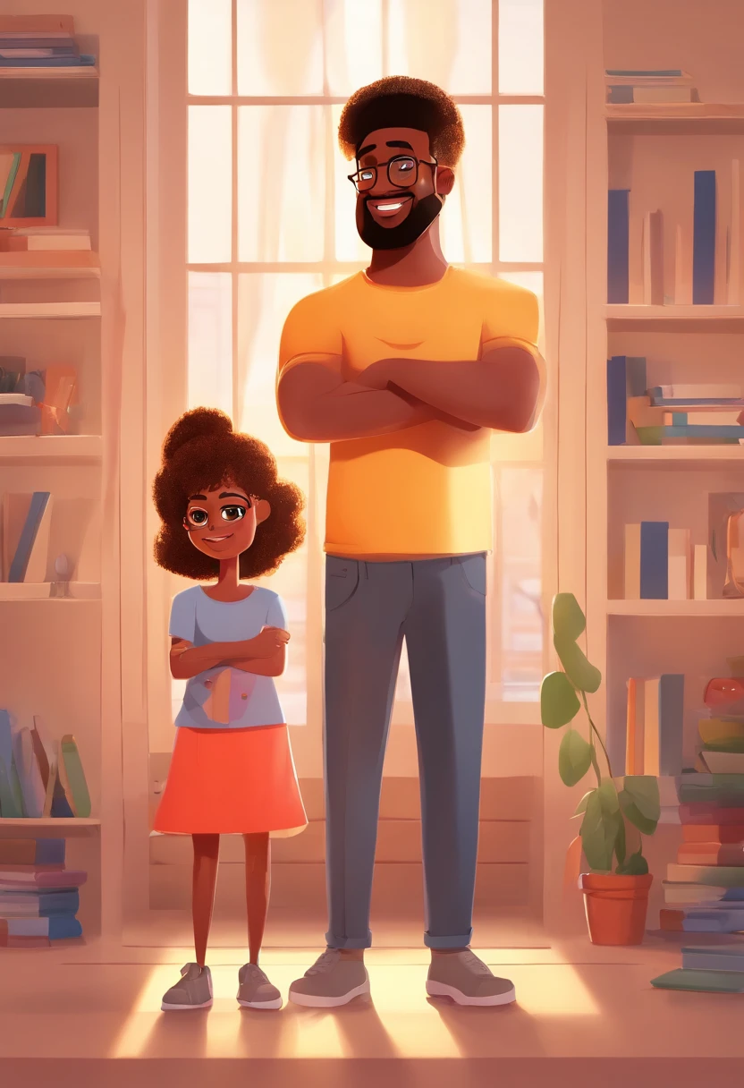 An illustration of an adorable couple, Highlight for a black man and a brunette woman with beautiful black glasses and expressive eyes – the man's skin is light brown and the man's hair is short and black, while the woman's skin is brown, com sardas no rosto e o cabelo da mulher liso e preto. They are a bright room, cada um com um sorriso no rosto, e compartilhar um momento especial caracterizado pelo amor, Insights. Illustrate this scene from a perspective where they are facing the camera, Smiling and Showing Your Connection. Desenvolva esta arte em Full HD, Focus on your cinematic touch, Estilo Disney Pixar Animations