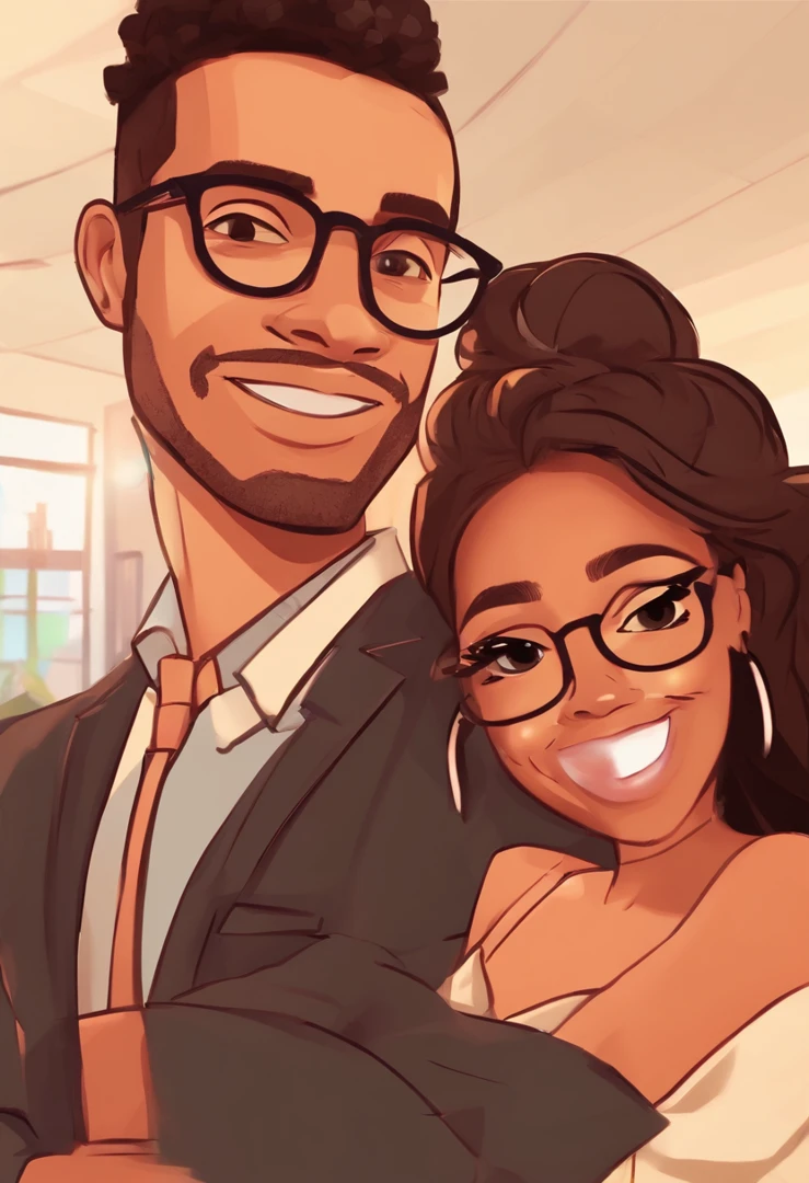 An illustration of an adorable couple, Highlight for a black man and a brunette woman with beautiful black glasses and expressive eyes – the man's skin is light brown and the man's hair is short and black, while the woman's skin is brown, com sardas no rosto e o cabelo da mulher liso e preto. They are a bright room, cada um com um sorriso no rosto, e compartilhar um momento especial caracterizado pelo amor, Insights. Illustrate this scene from a perspective where they are facing the camera, Smiling and Showing Your Connection. Desenvolva esta arte em Full HD, Focus on your cinematic touch, Estilo Disney Pixar Animations