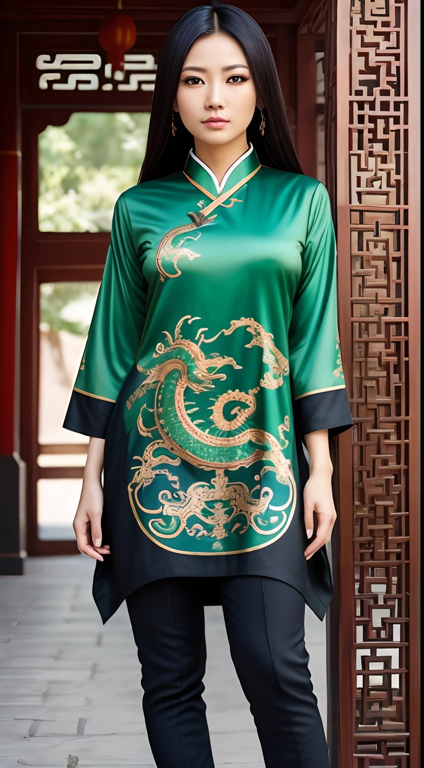 Uma mulher oriental, com olhos verdes cor de jade estilo steampunk, Wearing black tunic with blue chinese dragon print