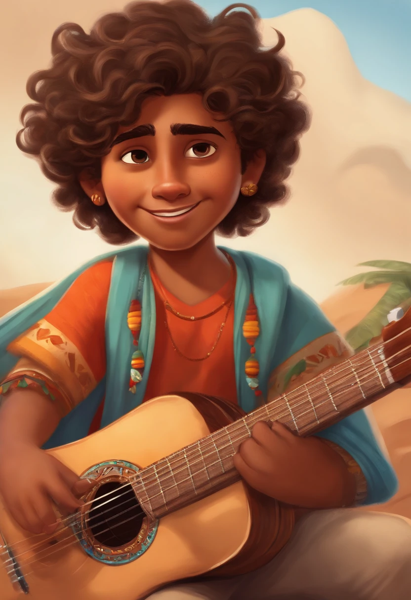 crie um banner no estilo Pixar. A boy with Indian features, moreno pardo com cabelos curtos, Castanhos escuros, Curly and slightly grayish appearance, mas jovem, usando uma camiseta, Wearing jeans and holding a classical guitar with 7 strings.