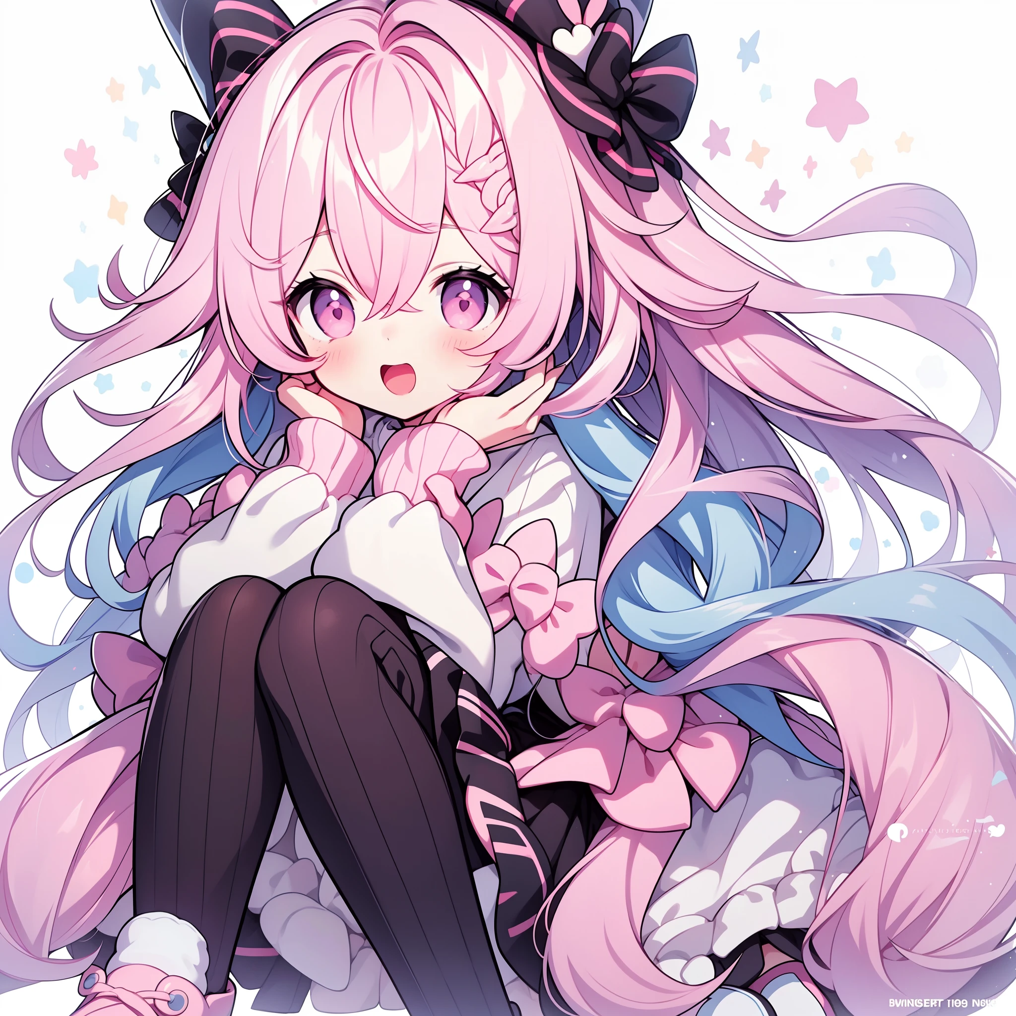 1girll, Animal ears, Pink hair, Long hair, Rabbit, Open mouth, Smile, Rabbit ears, bow, Solo, White background, a sailor suit, Pantyhose, the wall, Pink eyes, view the viewer, :D, full bodyesbian, Simple background, nail polish, streaked, Holding, Arm raised, Star hair ornaments, Hairstyles, Long sleeves, Puffy sleeves, Watercolor shoes, shoes, Pink footwear, White socks，Jumps, Animal, Blush, argyle, Star (symbol), holding wand, Very long hair, ribbon,