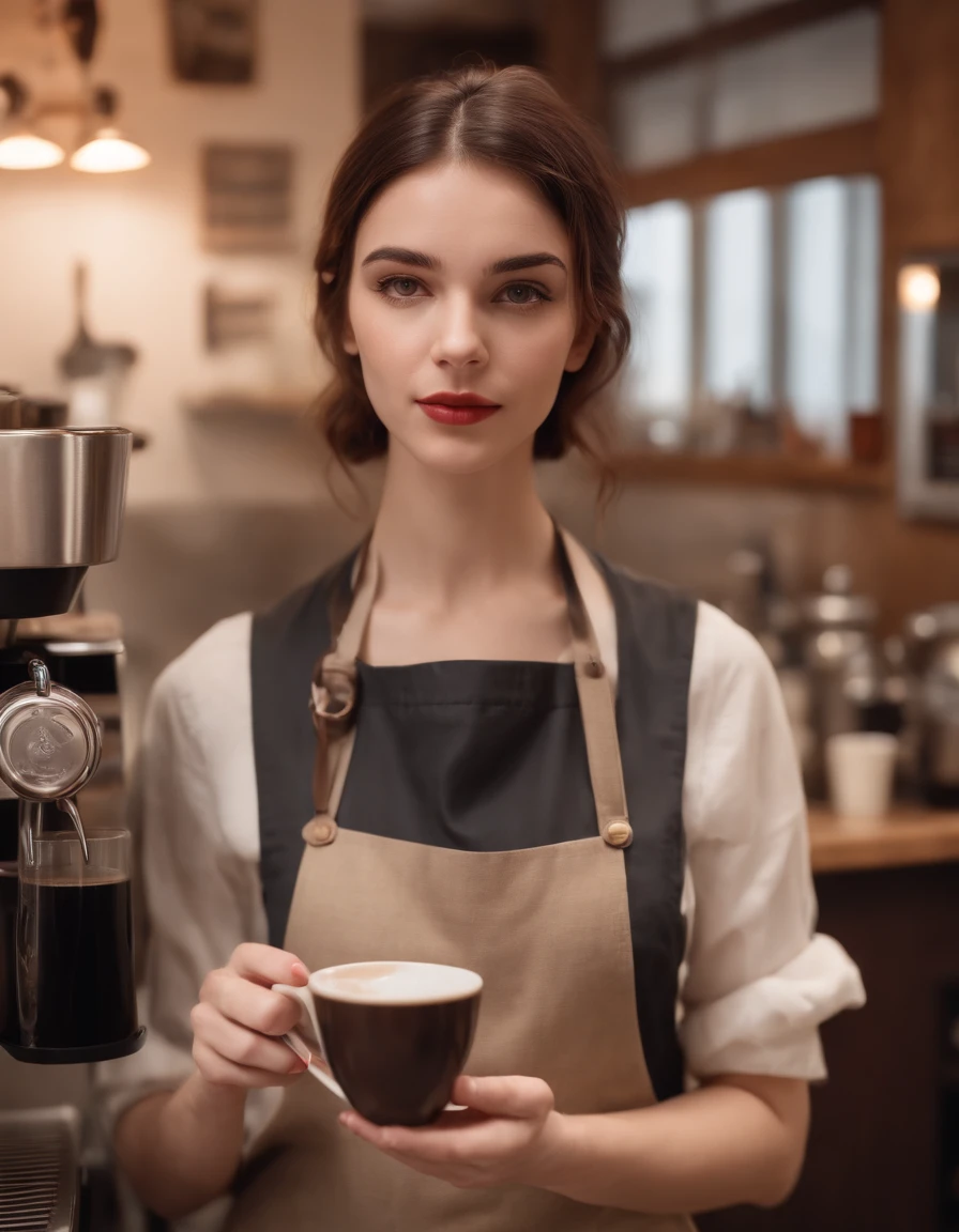 Female Greek barista, Holding a warm coffee, Vintage style, Realistic
