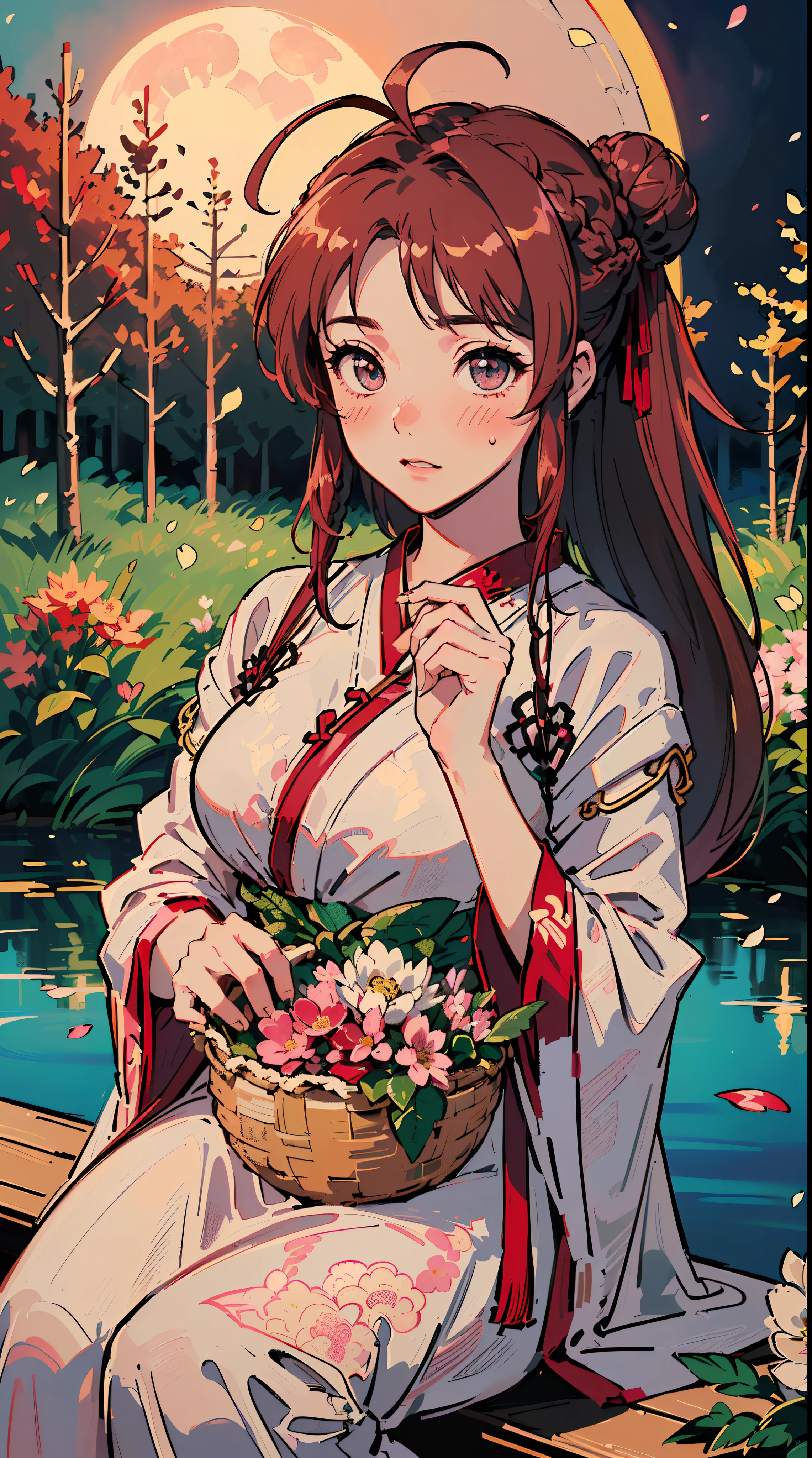 (((((((a large basket of flower,Blushing,winked,cute cheeks,burgundy hair，black intricate brocade hanfu))))))，((1girl,Solo,under-aged,11years old,short,Amazing,Cute Korean mixed-race girl，rosto magro,))(Masterpiece,Best quality, offcial art, Beautiful and aesthetic:1.2),((HD,Golden ratio,)) (16k),((sakura petals)),(Physically-based rendering),((((forest,outdoor,pond scenery, dappled moonlight,at night,)))) (((highdetailskin,)))，((sitting)),((((detailed hairs|long hair|bun braid|knot top|high ponytail|ahoge)))),Slender,thicc,(masterpiece sidelighting),(The sheen),(Beautiful hair,Beautiful eyes,）[[Delicate fingers and hands:0.55]::0.85],(Detail fingers),(((Superior quality,)))),((unbelievable Ridiculous quality,)),((extremely_Detailed_Eyes_and_face)),Movie girl,(Dynamic configuration: 1.2),Brilliant, (Photorealistic), ((pink ribbon on hair)),Ultra-precise depiction, Ultra-detailed depiction,Bauhaus
