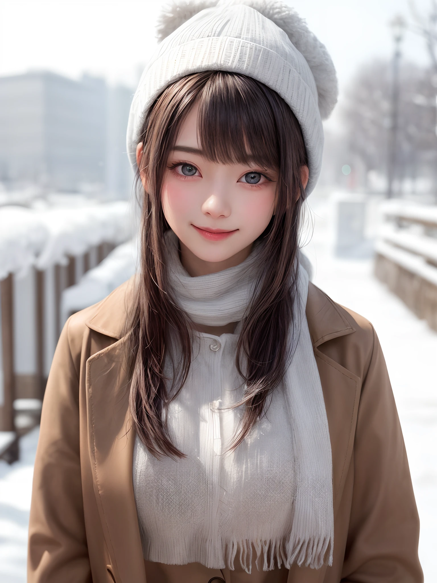 (masterpiece, top-quality),1girl in, 独奏, A dark-haired, scarf, Hats, realisitic, realisitic, looking at the viewers, black eyes of light color, shorth hair, Brown coat, Winter clothes, White headscarf, s lips, bangss, plein air, a closed mouth, The upper part of the body、big eye、Lashes、((Beautiful landscape of sparkling snow))、(((Shorthair with bangs、big eye、large full breasts、gazing at viewer、Beautiful beauty、Put your ears out、long neck、little smiling、Close your mouth and smile)))、