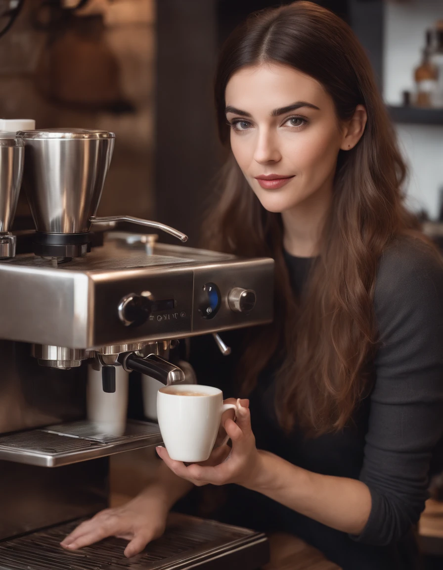 Female Greek barista, making coffee in front of a coffee machine, classic style, Realistic