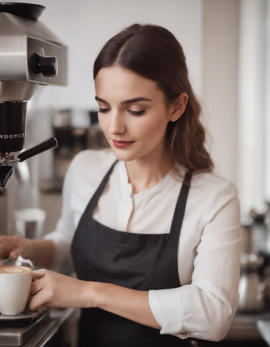 Female Greek barista, making coffee in front of a coffee machine, classic style, Realistic