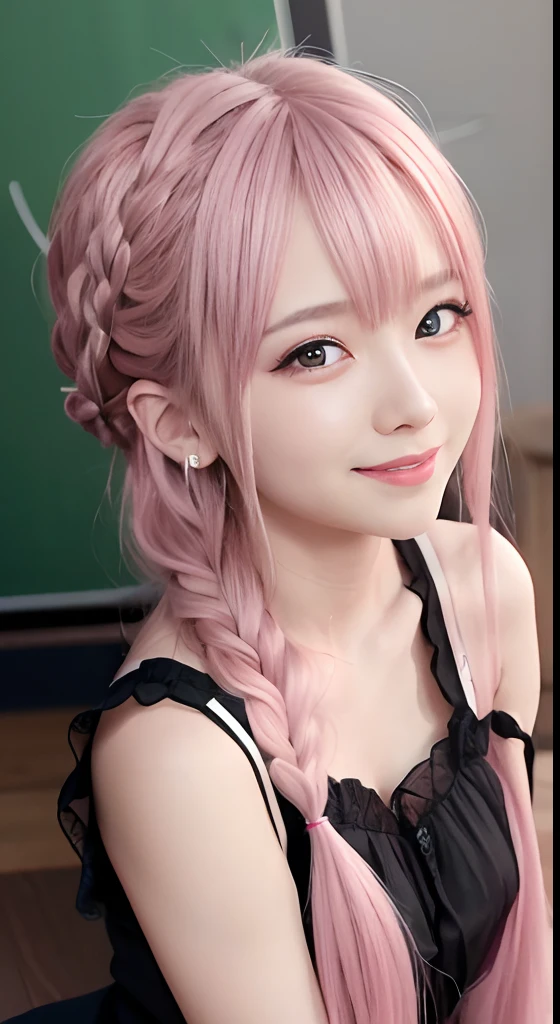 high-level image quality、anime girl with long hair and black dress posing for picture、up close shot、(A smile:1.5)、sayori, Anime visuals of cute girls, anime moe art style, loli in dress, anime girl wearing a black dress, pretty anime girl, (Anime Girl), Cute anime girl, Cute anime waifu in a nice dress, charming anime girls, Beautiful anime girl, Rin, Smooth Anime CG Art、(Pink hair), Ear Hair, small tits, Single braid, (Single braid), (Side braid)