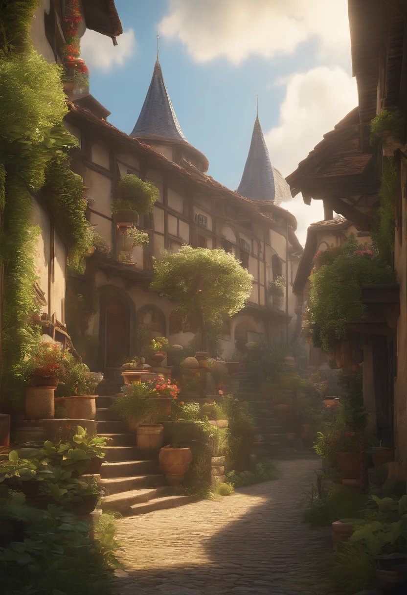 4k, Realistic, Very detailed, lente grande angular, Humid medieval city, vibrante, fantastic plants, uma casa grande, Estilo Makoto Shinkai, Fundo do anime, arte conceitual, (nenhum caractere aparecendo), realistic lighting, Epic composition, Difuso, (master part, best quality), super HD, 32k --v 6