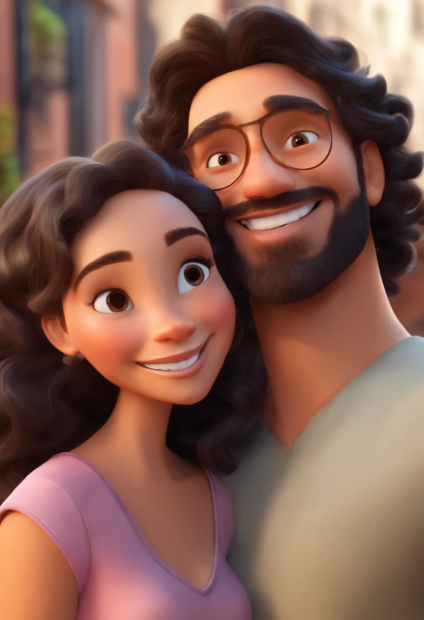 An illustration of an adorable couple, Highlight for a tall brunette man with smiling glasses and a white man with beautiful and expressive eyes - the tall man's skin is mulatto and his hair is curly, while the white man's hair is quite short and gray. They are a bright room, cada um com um sorriso no rosto, e compartilhar um momento especial caracterizado pelo amor, Insights. Illustrate this scene from a perspective where they are facing the camera, Smiling and Showing Your Connection. Desenvolva esta arte em Full HD, Focus on your cinematic touch, Estilo Disney Pixar Animations